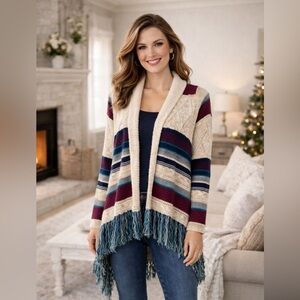 Maurices Open Front Fringe Tassel Stripe Long Cardigan Tan Blue Purple